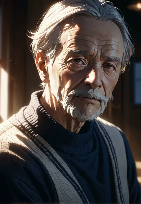 an old man,portrait,upper body,wearing pullover,cinematic light,sidelighting,depth of field,masterpiece,best quality,intricate,very aesthetic,absurdres,newest,realistic