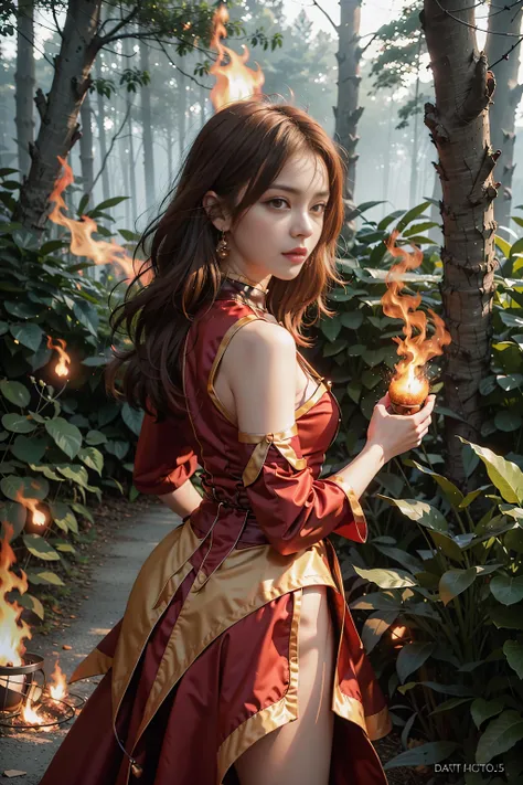 <lora:Lina-10:0.8> a woman in a red and yellow dress, wizard, floating fire, forest, night, dark, beautiful lighting,
