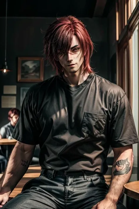 4k, 8k, best quality, ultra high res, (photorealistic:1.4),(masterpiece:1.2), best quality, masterpiece, highres, original, extremely detailed wallpaper, (ultra-detailed), (best illustration), (best shadow), detailed eyes, (realism), realistic, 1boy, red hair, black shirt, black pants, sitting, cafe, smile, looking at viewer, <lora:Sett:0.8> <lora:more_details:0.65>