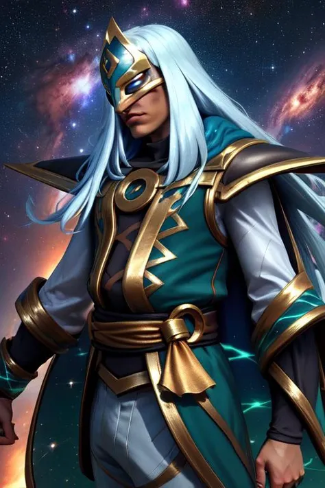 Jenos, long hair,mask,blue hair,white hair
Robes,long sleeves,pants,armor,cape,ring,jewelry,shoulder armor, cape,
floating, smug,
space, astral, stars,
(insanely detailed, beautiful detailed face, masterpiece, best quality)
<lora:Jenos:0.8>