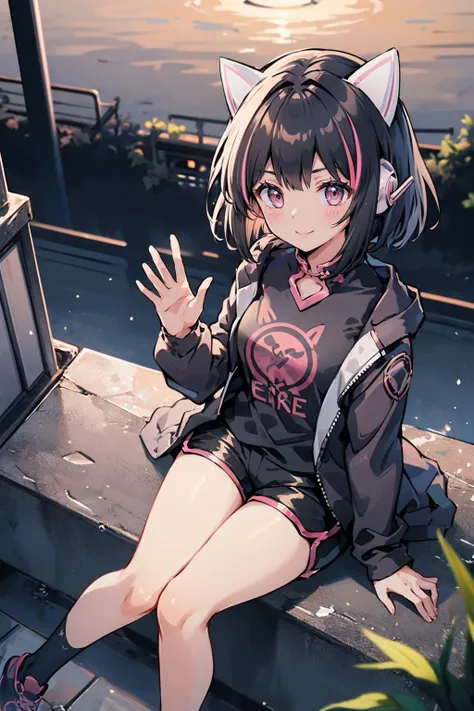 masterpiece, best quality,  <lora:cytusneko-nvwls-v1-000010:0.9> cytusNeko, streaked hair, cat ears, headphones, black jacket, long sleeves, black sleeveless shirt, black shorts, sitting, from above, smile, waving, night, stairs