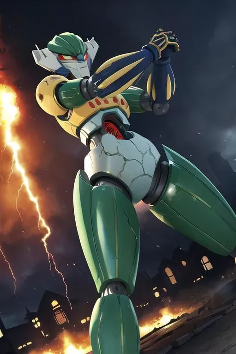 masterpiece, best quality,ultra detail, robot,<lora:koutetsujeegV1:0.7>koutetsujeeg,destroyed town,flame effect,stretch arms for viewer,dutch angle,hug from forward
