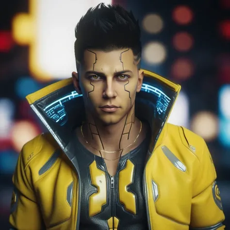 DavidMartinez1024, a cyborg man, yellow jacket, cyberpunk background, highly detailed, photography, ultra sharp, film, bokeh, professional, 64k  <lora:DavidMartinez1024:0.8>