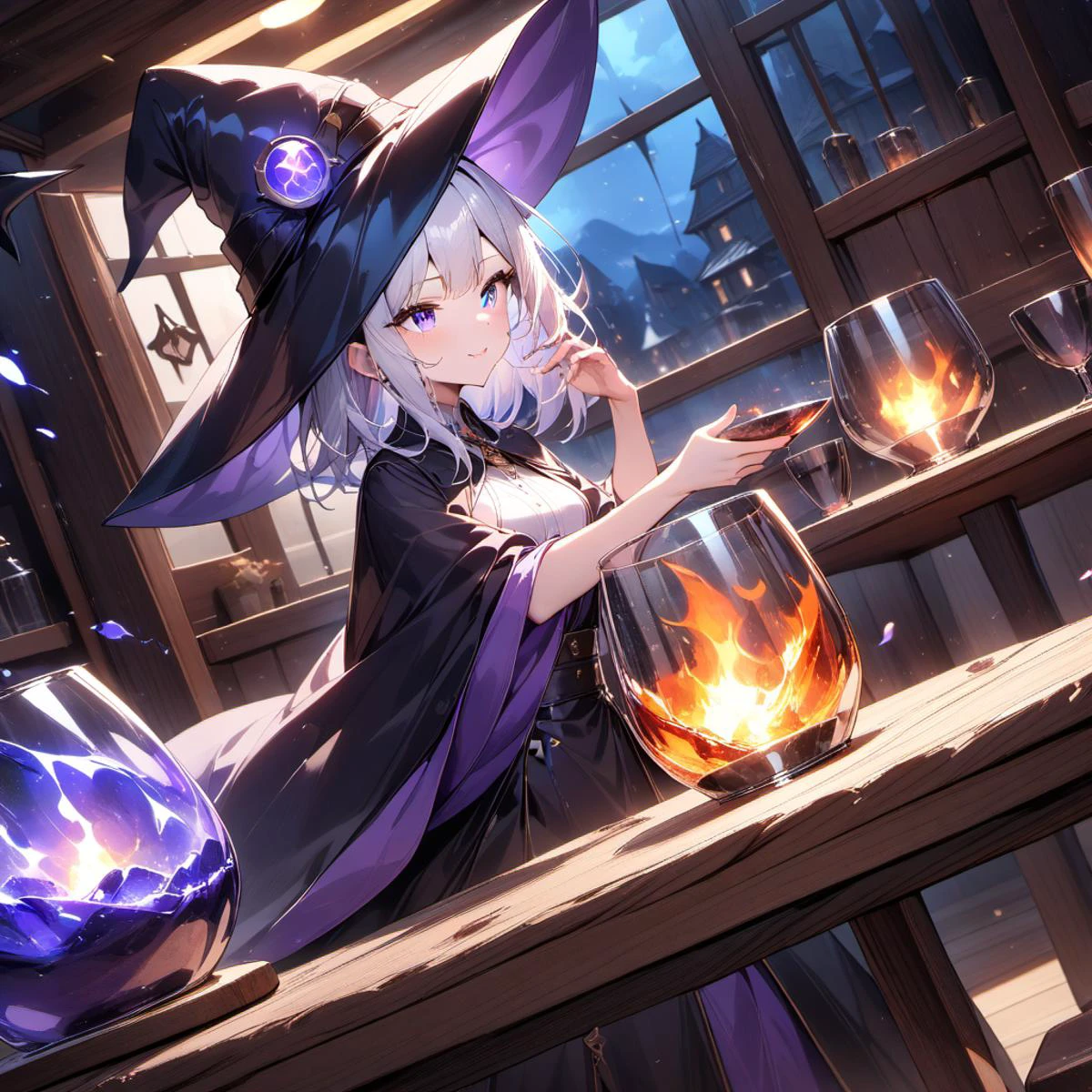 best quality, very aesthetic, absurdres, <lora:glassgirl:0.1> fire in glass cup,blue water in glass cup,wind in glass cup,stone in glass cup <lora:lovehotelPony01:1> reflection ground <lora:weaponbook:0.7> strike,witch hat,wood table, <lora:backgroundsetXL:0.2> dark night,glowing,(indoors),black magic,(side angle)