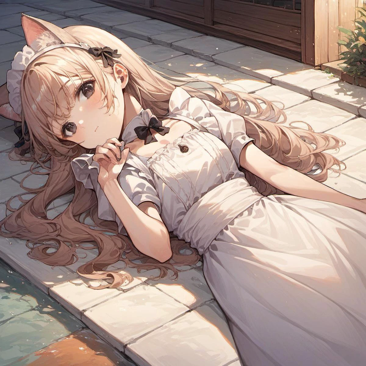 source_anime,score_9, score_8_up, score_7_up, score_6_up, score_5_up, rating_safe,
(girl:1.5),(long hair,delicate detailed black eyes, nice outfit,bangs,maid dress,cat ears, lying), (close up,waist)
<lora:backgroundsetXL:0.6>background,outdoor, house, pool