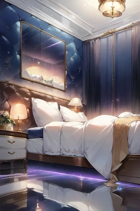 source_anime,score_9, score_8_up, score_7_up, rating_safe,  <lora:lovehotelPony01:0.9> lovehotel, reflection ground,glowing bed,ceiling,