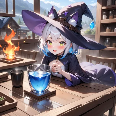 best quality, very aesthetic, absurdres, <lora:glassgirl:0.2> fire in glass cup,blue water in glass cup,wind in glass cup,stone in glass cup <lora:lovehotelPony01:1>  reflection ground <lora:weaponbook:0.7> strike,witch hat,wood table, <lora:backgroundsetXL:0.2>