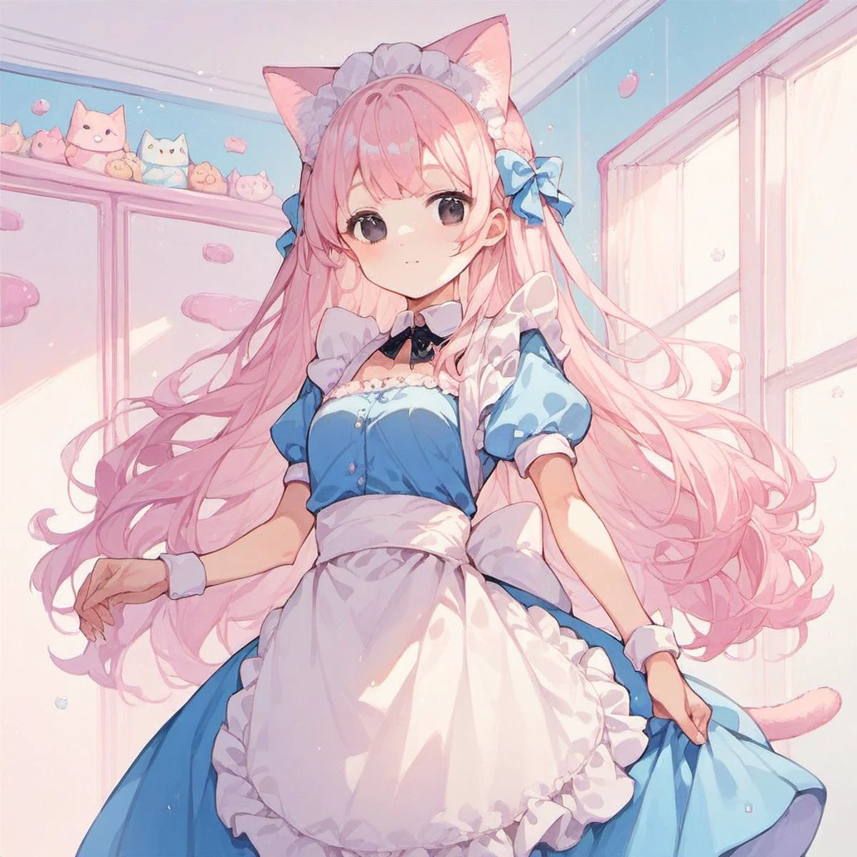 source_anime,score_9, score_8_up, score_7_up, score_6_up, score_5_up, rating_safe,
(girl:1.5),(long hair,delicate detailed black eyes, nice outfit,bangs,maid dress,cat ears, standing), (close up,waist)
<lora:backgroundsetXL:0.6>background, kawaii room,