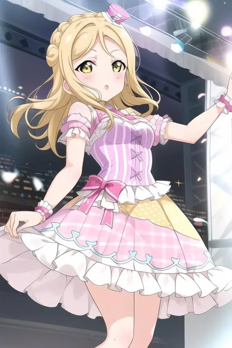 <lora:LegendGirls:0.80>LegendGirls, dress,(mini hat:0.9),yellow dress,purple dress,
<lora:MariLL_v1:0.5>ohara mari, hair rings, blonde hair, yellow eyes, crown braid,medium large breasts,
<lora:LLChar_loveLiveSchoolIdol_v208:0.3>LLChar,
masterpiece, best quality,1girl,
