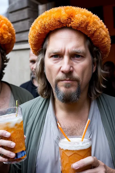 oranje-ai,
<lora:theDudeFromTheBig_v10:0.8> dude, holding a white russian, observing a partying crowd, stoic expression, detailed face, detailed eyes,