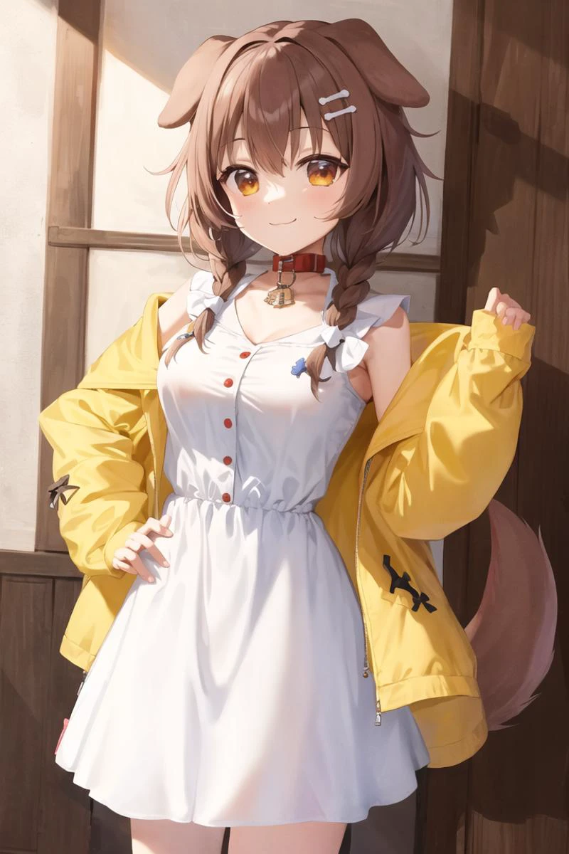 masterpiece, best quality, absurdres, cowboy shot, standing,
Korone, indoors, :3, smile, dog girl, dog ears, dog tail, twin braids, sidelocks, hair ornament, medium breasts,
((white dress)), yellow jacket, bow, collar, collarbone, dress, jacket, open clothes, open jacket, red bow, short dress, sleeveless dress,