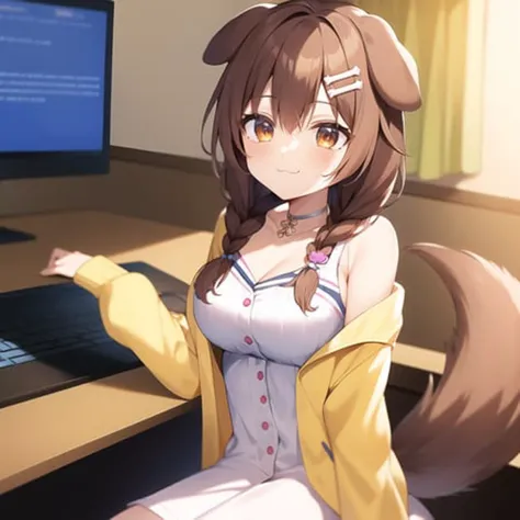 2d, masterpiece, best quality, anime, highly detailed eyes, highly detailed face, highly detailed background, bedroom, perfect lighting, cowboy shot, feet out of frame, 1girl, solo, korone, inugami korone, hololive, virtual youtuber, brown eyes, brown hair, dog ears, dog tail, dog girl, low braid, twin braids, hair ornament, white dress, yellow cardigan, smile, \:3, sitting, computer, monitor, single bare shoulder <lora:inugami korone:0.7>