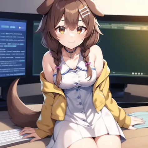 2d, masterpiece, best quality, anime, highly detailed eyes, highly detailed face, highly detailed background, bedroom, perfect lighting, cowboy shot, feet out of frame, 1girl, solo, korone, inugami korone, hololive, virtual youtuber, brown eyes, brown hair, dog ears, dog tail, dog girl, low braid, twin braids, hair ornament, white dress, yellow cardigan, smile, \:3, sitting, computer, monitor, single bare shoulder <lora:inugami korone:0.7>