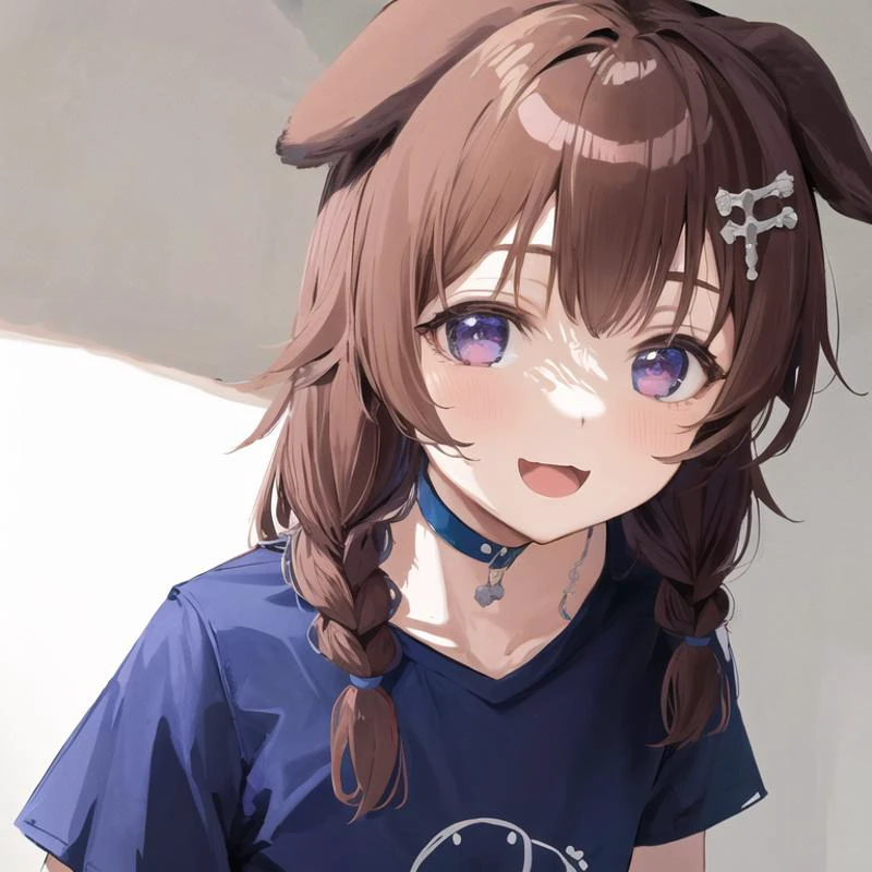 masterpiece, best quality, absurdres,
Korone, 1girl, solo, indoors, :3, smile, dog girl, dog ears, twin braids, sidelocks, hair ornament, open mouth,
close up, detailed face, detailed eyes, ((blue t-shirt)), portrait