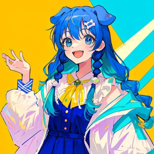 masterpiece, best quality, absurdres,
Korone, 1girl, solo, indoors, :3, smile, dog girl, dog ears, twin braids, sidelocks, hair ornament, open mouth,
(blue hair, green eyes), close up, detailed face, detailed eyes, portrait