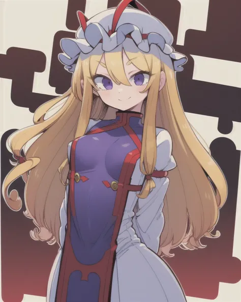 (masterpiece), (best quality),
(white background),
solo, 1girl, full body, thick outline,
YUKARI YAKUMO, cap, tabard, small breasts, long hair, blonde hair,
cute, light smile, arms behind back,
