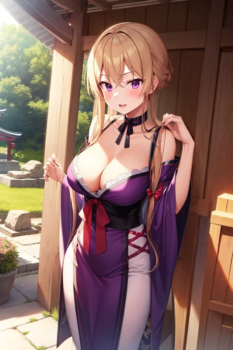 masterpiece, best_quality, 1girl, solo, yakumo yukari, shrine<lora:yukari_v1:0.8>