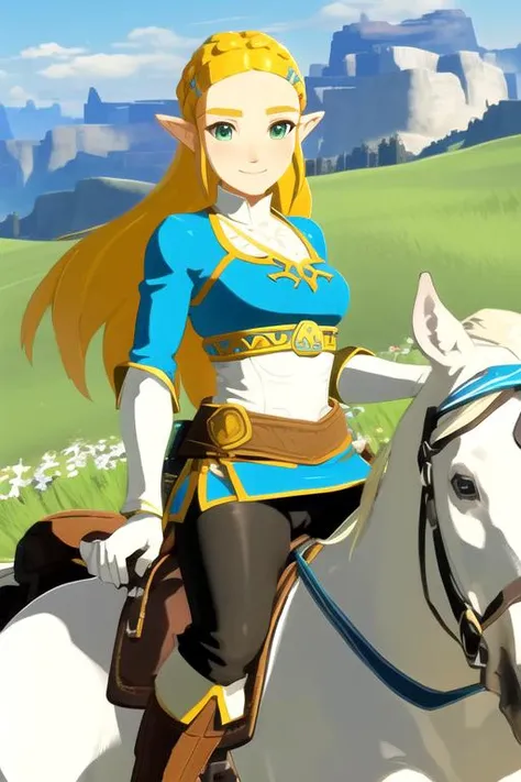 smiling
(on top of a grassy hill overlooking mountains in the background), outdoors,
solo, (((riding on a white horse, zoomed out))), ((masterpiece)) , <lora:botw_style_offset:0.75>,, botw style, princess zelda, 1girl, bangs, blonde hair, breasts, bridal gauntlets, green eyes, jewelry, long hair, long sleeves, pointy ears, the legend of zelda, triforce print, blue shirt and black pants