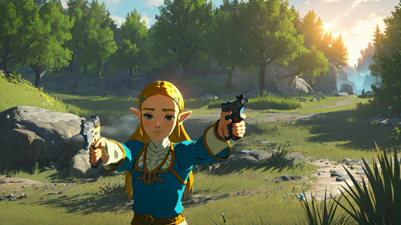 absurdres, highres, best quality, <lora:botw_style_offset:0.8> botw style, 1girl, princess zelda, solo, looking at viewer, facing viewer, upper body, sunlight, grass, aiming at viewer, holding weapon, handgun,
<lora:betterGunsLocon_v10:1>