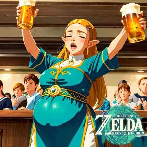 (chugging), head tilted up, down the hatch, (motion blur), bottoms up, crowd cheering, (blush), rotated, eyes closed, mouth open, princess zelda, beer belly, holding 2 beers, drunk, tavern party wide angle, (chubby:1.3), <lora:botw_style_offset:0.7>, (best quality), (masterpiece, 4k ,ultra detailed:1.2), (beautiful face:1.2),(anime:1.2),illustration,(realistic:1),1girl,solo