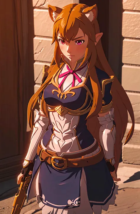 botw style, <lora:Style - BOTW:1>  <lora:Char - RaphtaliaV2:0.45> raphtalia, animal ears, pink eyes, armor, standing, cowboy shot, close up, 1girl, medium breasts, long brown hair, ribbon, belt, gloves,