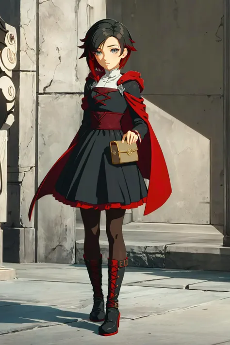masterpiece,best quality,CG,wallpaper,HDR,high quality,high-definition,extremely detailed,(1girl), <lora:rubyRoseSeason1RWBY_v10:1>,(Ruby Rose from RWBY), (grey eyes), (black hair), black dress, long sleeves, red cape, pantyhose, black boots,running,<lora:botw_style_offset:0.9>