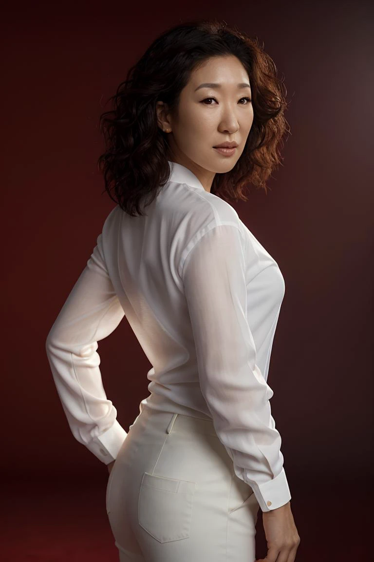 <lora:sandra oh v1.0:0.8> sandra oh, woman, ultra-realistic, highly-detailed, 4k, masterpiece, red background, white shirt with long sleeves, upper body, backlight,