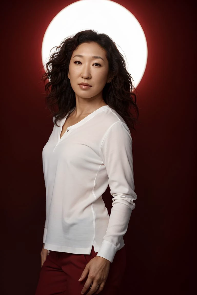 <lora:sandra oh v1.0:0.8> sandra oh, woman, ultra-realistic, highly-detailed, 4k, masterpiece, red background, white shirt with long sleeves, upper body, backlight,