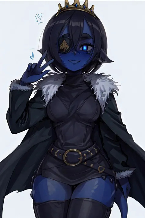 red eye, eyepatch, one eye covered, tiara, crown, fur trim, thighhighs, thigh boots, boots, belt, cape, jacket, vest, harness <lora:Vanica:0.75>, ((1girl, solo)), (blue skin), colored skin, masterpiece, best quality, glowing eyes, Smouldie, dark hair, short hair, (tail:1.1) <lora:Smolder1_1:0.94>, simple background, smile, blushing