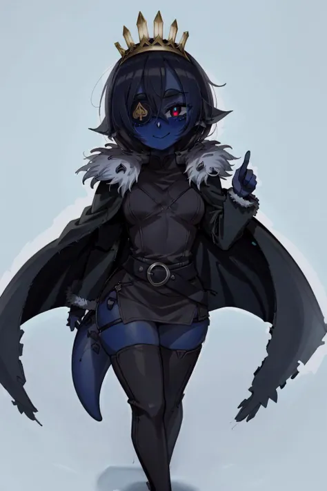 red eye, eyepatch, one eye covered, tiara, crown, fur trim, thighhighs, thigh boots, boots, belt, cape, jacket, vest, harness <lora:Vanica:0.75>, ((1girl, solo)), (blue skin), colored skin, masterpiece, best quality, glowing eyes, Smouldie, dark hair, short hair, (tail:1.1) <lora:Smolder1_1:0.94>, simple background, smile, blushing