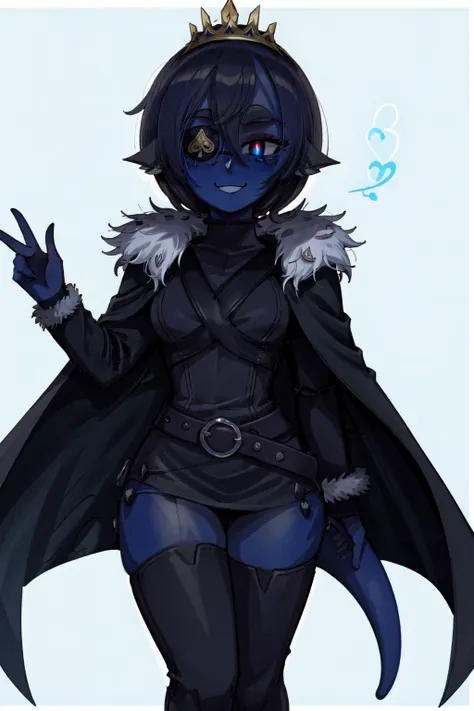 red eye, eyepatch, one eye covered, tiara, crown, fur trim, thighhighs, thigh boots, boots, belt, cape, jacket, vest, harness <lora:Vanica:0.75>, ((1girl, solo)), (blue skin), colored skin, masterpiece, best quality, glowing eyes, Smouldie, dark hair, short hair, (tail:1.1) <lora:Smolder1_1:0.94>, simple background, smile, blushing