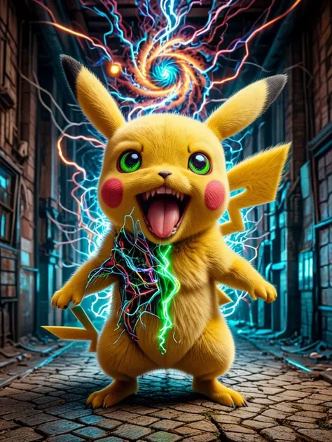 psychedelic surrealisms, long exposure, 3D full body Pikachu who sticks out his long tongue, LED-green eyes, with huguemonic angry smile and sharp teeth, fingers and claws,  golden ratio . perfect design, sharp foreground, rich colors . amazing depth, double exposure, perfect balanced, deep fine borders, smooth, educed details, extra digits, strong geometric shapes, masterpiece, (wide angle view, ultra-wide angle perspective), contrast shadows, (center composition, symmetry balance), (high detail face, high detail skin), dynamic pose, sharp focus, reduced details; old wax brush/eraser pen
 <lora:helios2:1>