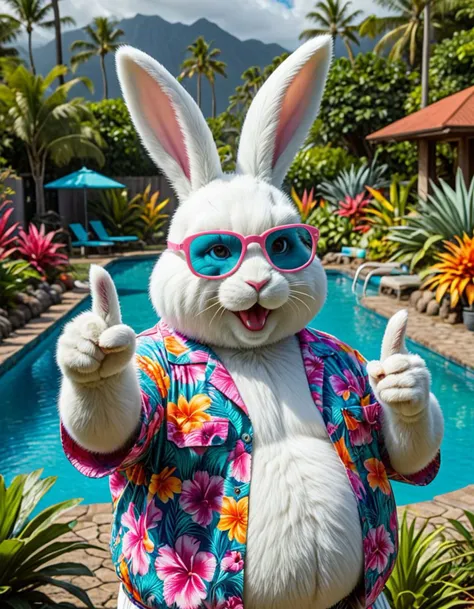 hyperrealistic art breathtaking helios,psy,Big lebowsky film Style photography, Closeup, thumb-up, a fluffy obese white Cheshire rabbit in vibrant colorful hawaiian shirt wearing a hr giger inspired bunny-mask, glasses, smokey Haze, cool, flamboyant, Pool and 70s Garden in background, thumb up pose,
very detailed, hd, RAW photograph, masterpiece, top quality, best quality, official art,highest detailed, atmospheric lighting, cinematic composition, high quality , (8k, RAW photo, highest quality),
 <lora:helios2:1> . award-winning, professional, highly detailed . extremely high-resolution details, photographic, realism pushed to extreme, fine texture, incredibly lifelike