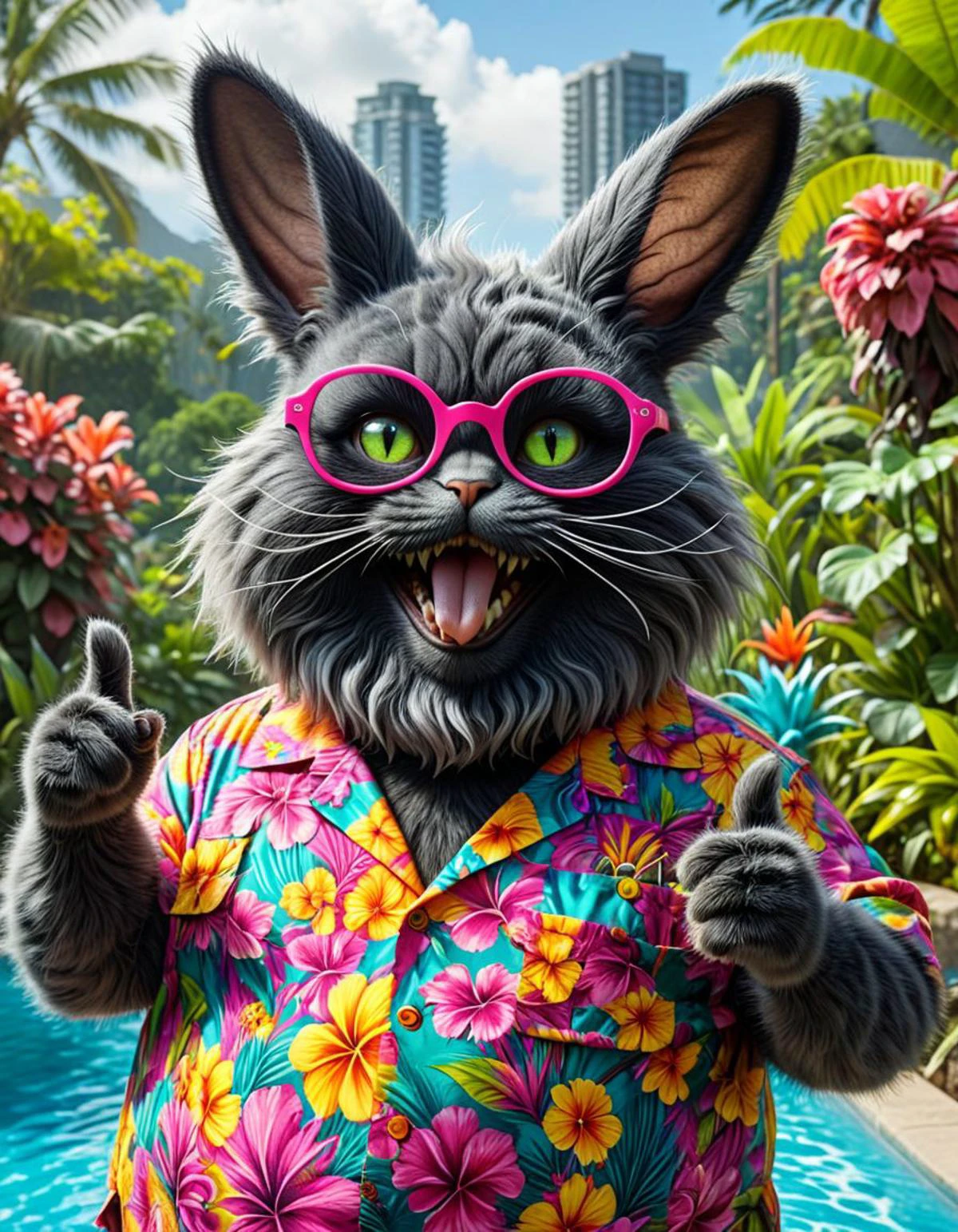 hyperrealistic art breathtaking helios,psy,Big lebowsky film Style photography, Closeup, thumb-up, a fluffy obese black Cheshire Cat in vibrant colorful hawaiian shirt wearing a hr giger inspired bunny-mask, glasses, smokey Haze, cool, flamboyant, Pool and 70s Garden in background, thumb up pose,
very detailed, hd, RAW photograph, masterpiece, top quality, best quality, official art,highest detailed, atmospheric lighting, cinematic composition, high quality , (8k, RAW photo, highest quality),
<lora:helios2:1> . award-winning, professional, highly detailed . extremely high-resolution details, photographic, realism pushed to extreme, fine texture, incredibly lifelike
