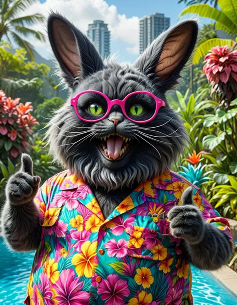 hyperrealistic art breathtaking helios,psy,Big lebowsky film Style photography, Closeup, thumb-up, a fluffy obese black Cheshire Cat in vibrant colorful hawaiian shirt wearing a hr giger inspired bunny-mask, glasses, smokey Haze, cool, flamboyant, Pool and 70s Garden in background, thumb up pose,
very detailed, hd, RAW photograph, masterpiece, top quality, best quality, official art,highest detailed, atmospheric lighting, cinematic composition, high quality , (8k, RAW photo, highest quality),
 <lora:helios2:1> . award-winning, professional, highly detailed . extremely high-resolution details, photographic, realism pushed to extreme, fine texture, incredibly lifelike