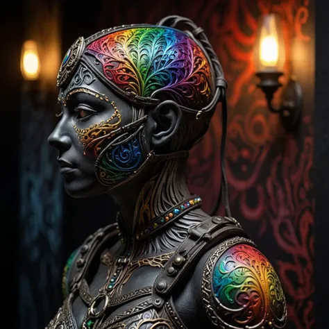 helios,psy,side-profile of a pear-shaped figure , highborn, she is feeling very melancholy, Warlike dark rainbow Harness, Three-Eyed, Scandinavian background, Smoky Conditions, spotlight, 50mm, intricate, sgraffito, ultra detailed,<lora:zkeleton:1> zkeleton, highly color focused, dynamic dramatic composition, elegant, radiant, delicate
 <lora:helios2:1>