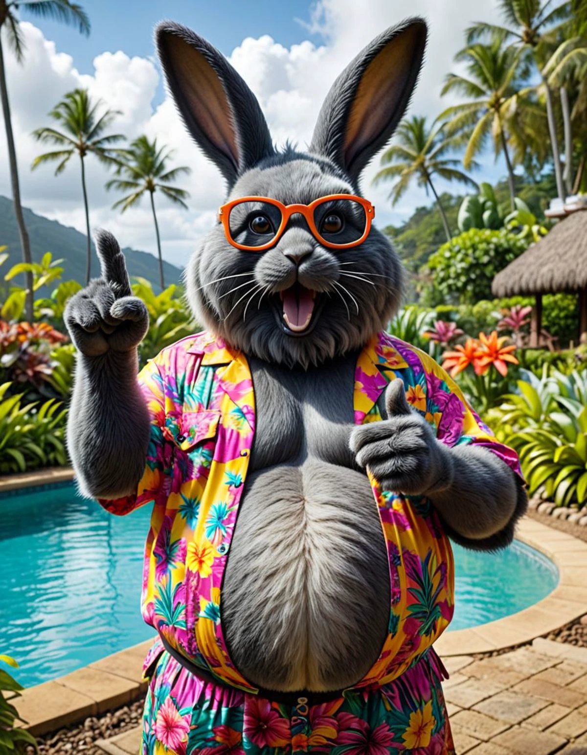 hyperrealistic art breathtaking helios,psy,Big lebowsky film Style photography, Closeup, thumb-up, a fluffy obese black Cheshire rabbit in vibrant colorful hawaiian shirt wearing a hr giger inspired bunny-mask, glasses, smokey Haze, cool, flamboyant, Pool and 70s Garden in background, thumb up pose,
very detailed, hd, RAW photograph, masterpiece, top quality, best quality, official art,highest detailed, atmospheric lighting, cinematic composition, high quality , (8k, RAW photo, highest quality),
<lora:helios2:1> . award-winning, professional, highly detailed . extremely high-resolution details, photographic, realism pushed to extreme, fine texture, incredibly lifelike