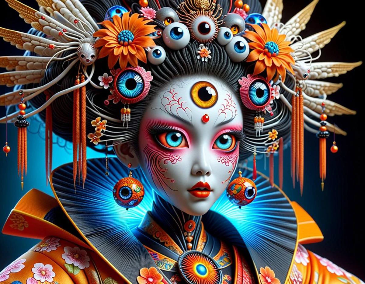 hyperrealistic art professional 3d model breathtaking raw,hyperdetailed,realistic,helios, 1creepy geisha alien, solo, jewelry, gem, glowing, flower, orb, multiple big eyes orange massive dreadlock hair, blue eyes, hair ornament, psy <lora:helios2:1> . award-winning, professional, highly detailed . octane render, highly detailed, volumetric, dramatic lighting . extremely high-resolution details, photographic, realism pushed to extreme, fine texture, incredibly lifelike