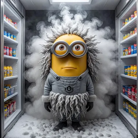 helios,psyche  Minion made of fog, in freezer, freeze, feel cold, 
, fog, smoke,,art by greg rutkowski
 <lora:helios2:1>