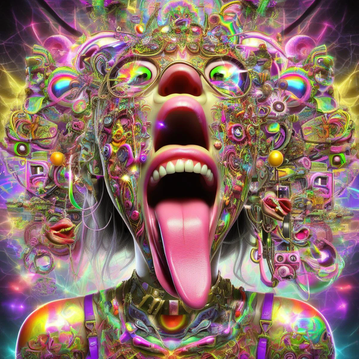 helios, tongue, colorful, 1girl, tongue out, sign, teeth, long tongue, midriff, open mouth, navel, psy