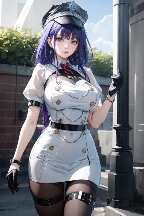 best quality,masterpiece,highres,extremely detailed cg unity 8k wallpaper,outdoors,1girl,solo,standing,cowboy shot,large breasts,<lora:GoodHands-beta2:1>,<lora:lemon0001-Raiden Shogun Police Officer_v2:0.9>,lemon0001,arm strap,puffy short sleeves,belt,half gloves,buttons,jewelry,thigh strap,white skirt,black pantyhose,purple hair,