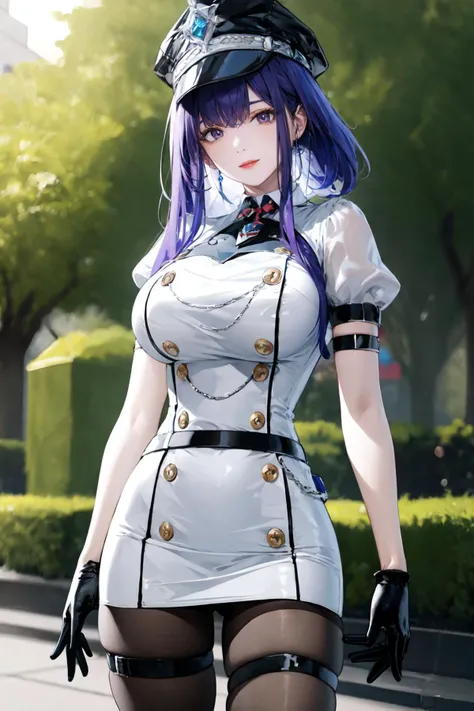 best quality,masterpiece,highres,extremely detailed cg unity 8k wallpaper,outdoors,1girl,solo,standing,cowboy shot,large breasts,<lora:GoodHands-beta2:1>,<lora:lemon0001-Raiden Shogun Police Officer_v2:0.9>,lemon0001,arm strap,puffy short sleeves,belt,half gloves,buttons,jewelry,thigh strap,white skirt,black pantyhose,purple hair,
