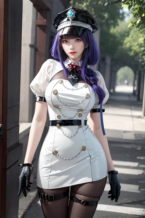 best quality,masterpiece,highres,extremely detailed cg unity 8k wallpaper,outdoors,1girl,solo,standing,cowboy shot,large breasts,<lora:GoodHands-beta2:1>,<lora:lemon0001-Raiden Shogun Police Officer_v2:0.9>,lemon0001,arm strap,puffy short sleeves,belt,half gloves,buttons,jewelry,thigh strap,white skirt,black pantyhose,purple hair,