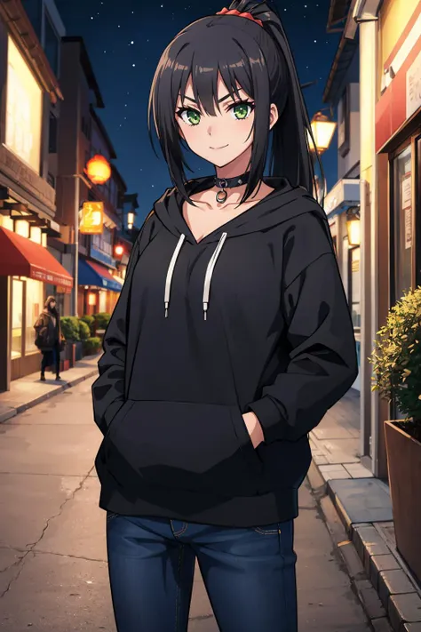 masterpiece, best quality, <lora:kzseraphim-nvwls-v1-000009:0.9> kzseraphim, ponytail, black hoodie, jeans, hands in pockets, spiked choker, looking at viewer, smile, furrowed brow, city street, night