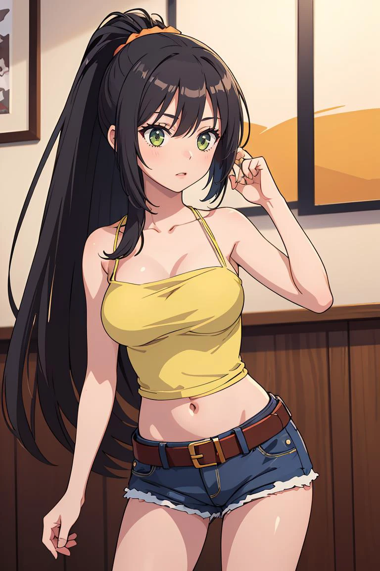 (masterpiece, best quality), 1girl, <lora:kzseraphim-nvwls-v1:0.8> kzSeraphim, ponytail, yellow camisole, yellow shirt, large breasts, midriff, belt, jeans, red camisole, midriff, belt, demin shorts