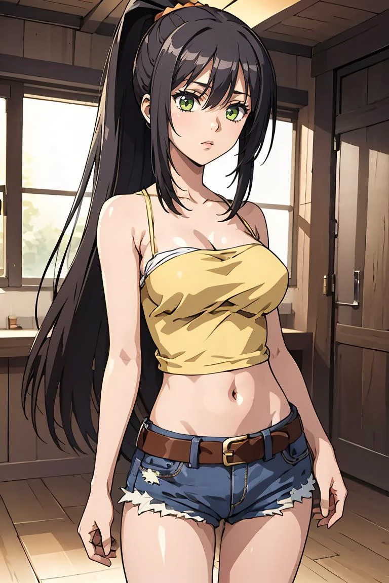 (masterpiece, best quality), 1girl, <lora:kzseraphim-nvwls-v1:0.8> kzSeraphim, ponytail, yellow camisole, yellow shirt, large breasts, midriff, belt, jeans, red camisole, midriff, belt, demin shorts