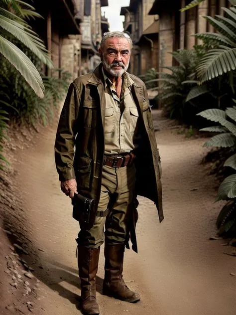 Connery768, full body, in the jungle, Rugged explorer outfit with cargo pockets and sturdy boots, detailed eyes, photography, trending on artstation, sharp focus, studio photo, intricate details, highly detailed, by greg rutkowski <lora:Connery768:0.6>