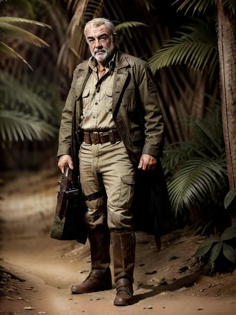 Connery768, full body, in the jungle, rifle, detailed eyes, photography, trending on artstation, sharp focus, studio photo, intricate details, highly detailed, by greg rutkowski <lora:Connery768:0.6>