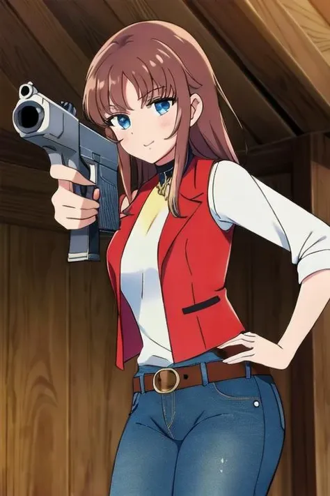 risaoneechan, risa oneechan, medium hair, bangs, (brown hair:1.2), (purple eyes:1.2), ponytail, smile,
masterpiece, best quality, highly detailed, a girls with a gun, evil smile , open mouth, sexy gaze, badass
pose , evil smile, smile, (nsfw) not safe for work, guns blazing, anime girl with long hair, beautiful long
haired girl, navel, evil expression, exposed belly, exposed navel, exposed midriff, exposed lower belly,
long black pants, crop top, cleavage, unbuttoned leather pants ,open fly, low rise black leather pants,
leather jacket, holding a gun, outdoor,street,road, navel piercing