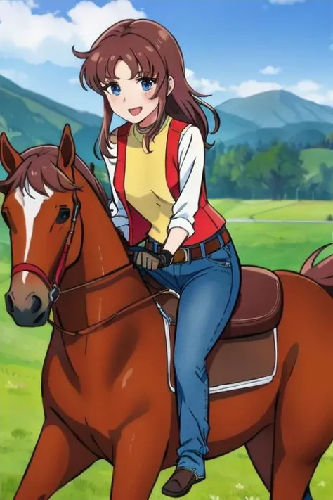 masterpiece, best quality,1girl,<lora:GoodHands-vanilla:0.8> <lora:anmnr01:0.3> <lora:add_detail:0.5>, <lora:mariaV1:0.7>,maria,cowboy costume,(riding horse,ranch,jeans,leather vest,prancing horse)